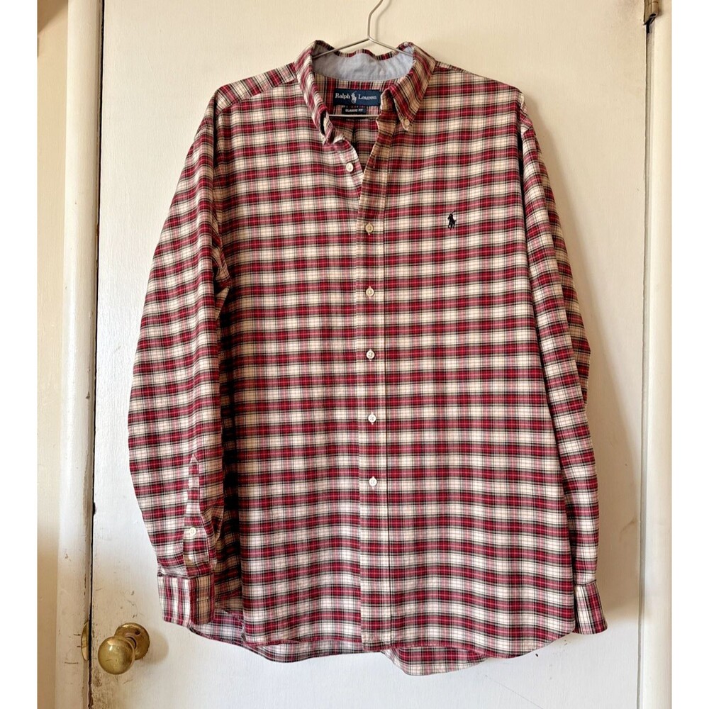 Vtg Polo Ralph Lauren Classic Fit Oxford Button Down Shirt Red Plaid | Men's XL